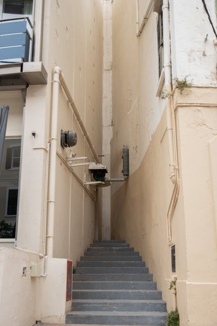 A set of outdoor stone stairs with curved handrails on each side, descending from an upper level to a lower pavement area. The steps are made of light-colored stone with visible dirt and fallen leaves