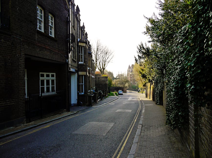 A quiet residential street in Denmark Hill during daytime, with a narrow asphalt road flanked by tall brick buildings on the left and a paved sidewalk lined with dense green hedges on the right. The buildings feature multiple floors, bay windows, and front entrances visible from the pavement. The road has double yellow lines along the curb, and a white van is visible in the distance, parked near an intersection. The scene is illuminated by natural light, casting shadows from trees and structures, suggesting a clear day. This setting provides a typical environment for home relocation or furniture transport, where professional removals services like Man With a Van Camberwell manage the loading process involving packing supplies, moving boxes, and furniture toward the vehicle parked nearby, ready for transport within the city.