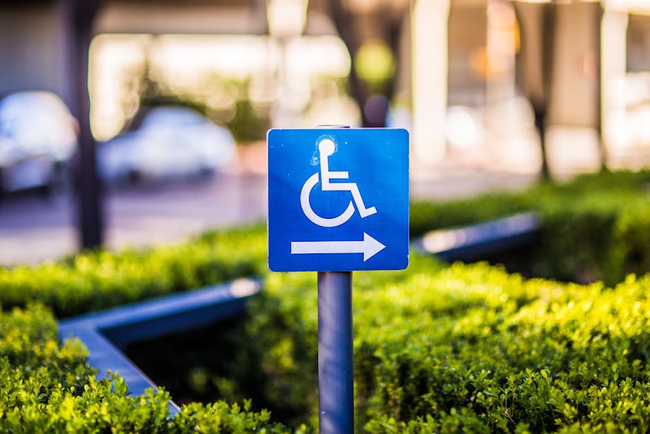 A close-up image of a bright blue accessibility sign mounted on a metal pole, indicating wheelchair access and pointing to the right with a white arrow. The sign is positioned in a landscaped outdoor area with neatly trimmed green bushes and a paved path. In the background, there is a blurred view of a street scene with parked cars and trees, suggesting an urban environment. The image is well-lit, capturing natural daylight, and is related to accessible parking or entry points, which can be relevant for home relocation or moving services such as those offered by Man With a Van Camberwell, especially when navigating parking and accessibility during furniture transport or packing and moving activities.